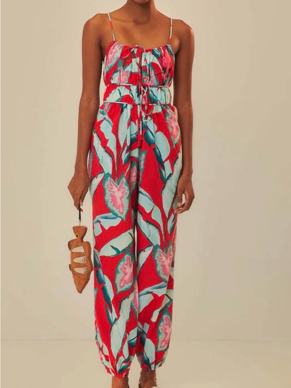 FARM Rio Red & Aqua Floral Spaghetti-Strap Jumpsuit